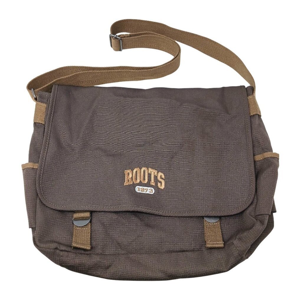 Roots Messenger Bag Canvas Green Brown Adjustable Crossbody Strap